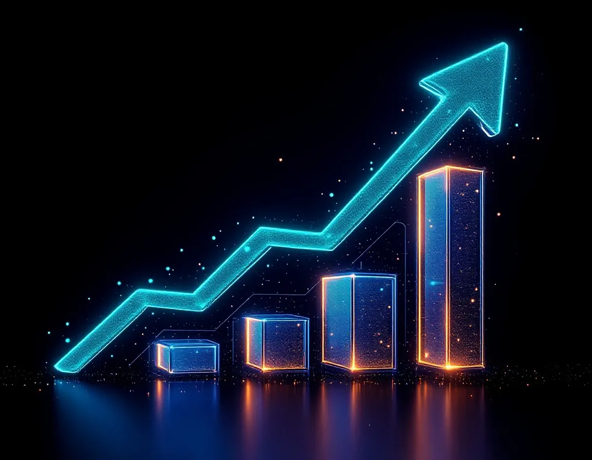 Glowing upward growth chart made of light