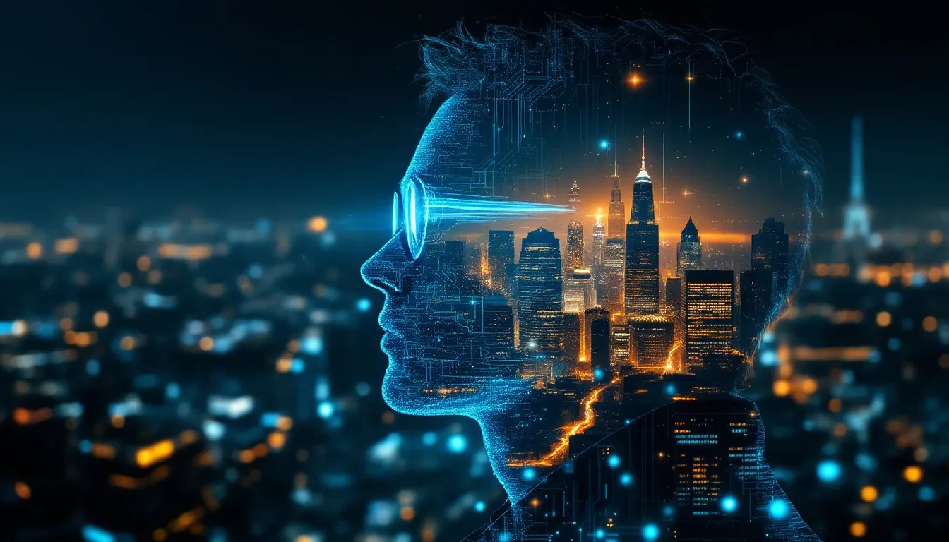 Visionary founder merged with a future city skyline