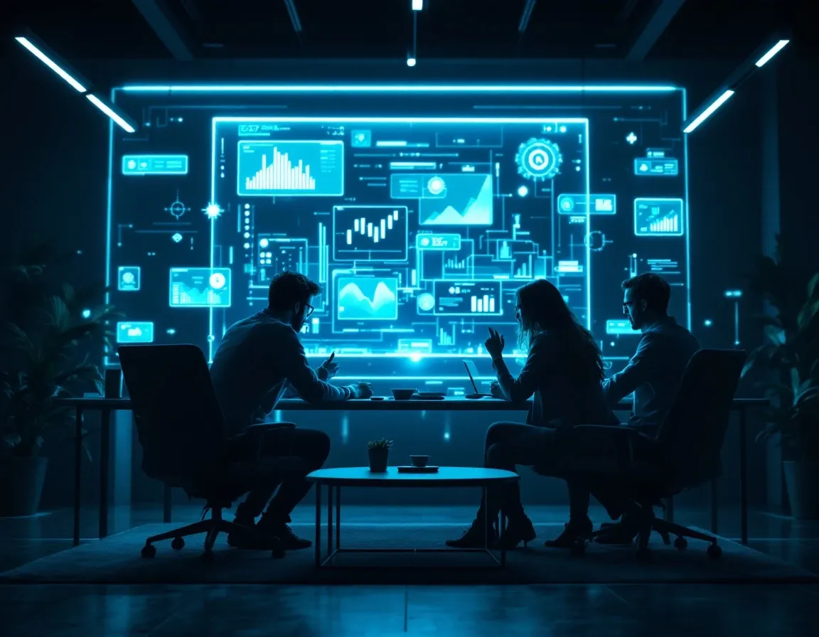 A startup team collaborating in a high-tech workspace